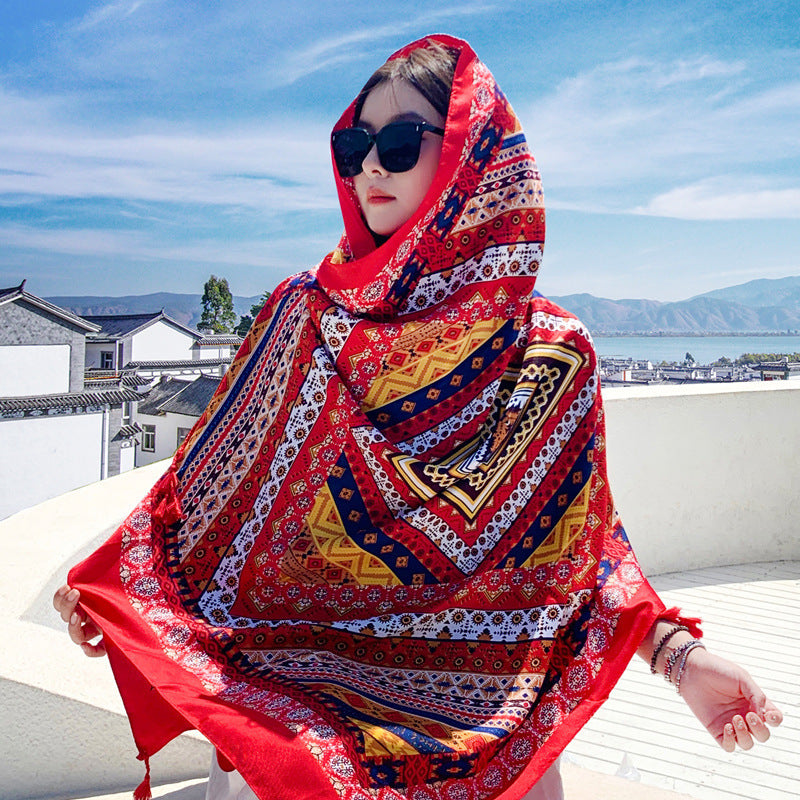 Boho Travel Scarf for Women – Ethnic Outdoor Shawl for Grassland & Highland Adventures