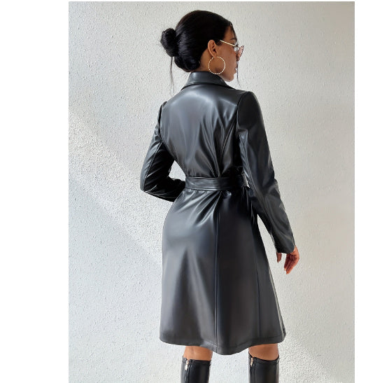 Slim Fit PU Leather Trench Coat – Long Sleeve Women’s Stylish Full-Length Outerwear