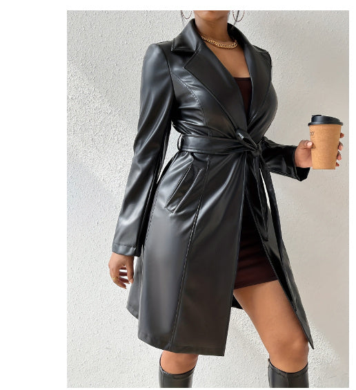 Slim Fit PU Leather Trench Coat – Long Sleeve Women’s Stylish Full-Length Outerwear