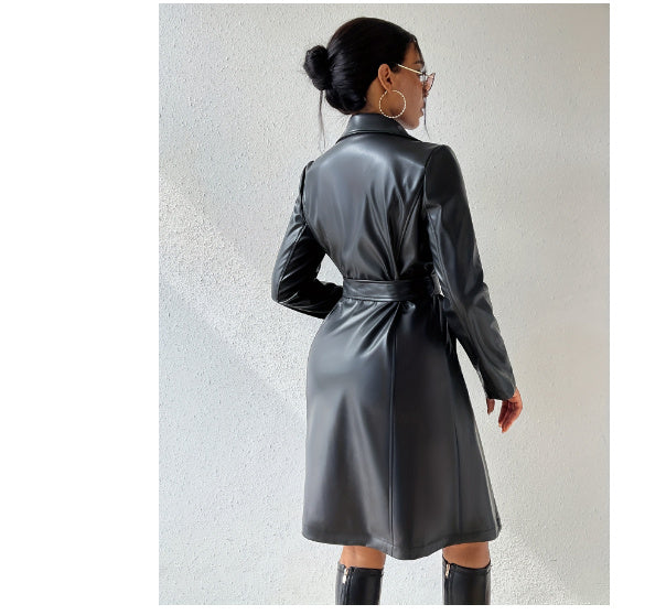 Slim Fit PU Leather Trench Coat – Long Sleeve Women’s Stylish Full-Length Outerwear