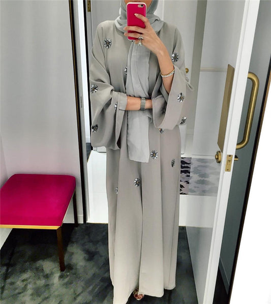 Elegant Embroidered Robe Dress Set – Modest Cardigan & Matching Headscarf for Women