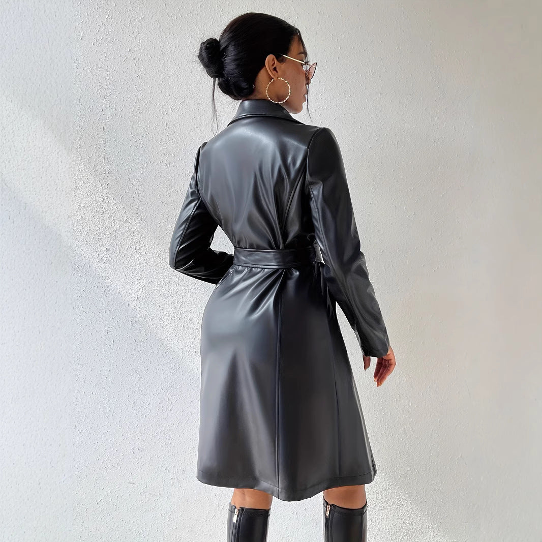 Slim Fit PU Leather Trench Coat – Long Sleeve Women’s Stylish Full-Length Outerwear